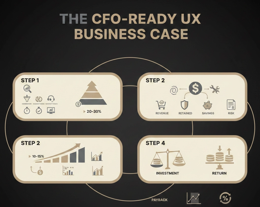 Framework for presenting UX ROI to CFOs - baseline metrics, improvement potential, financial impact calculation, and investment return analysis with payback period and NPV