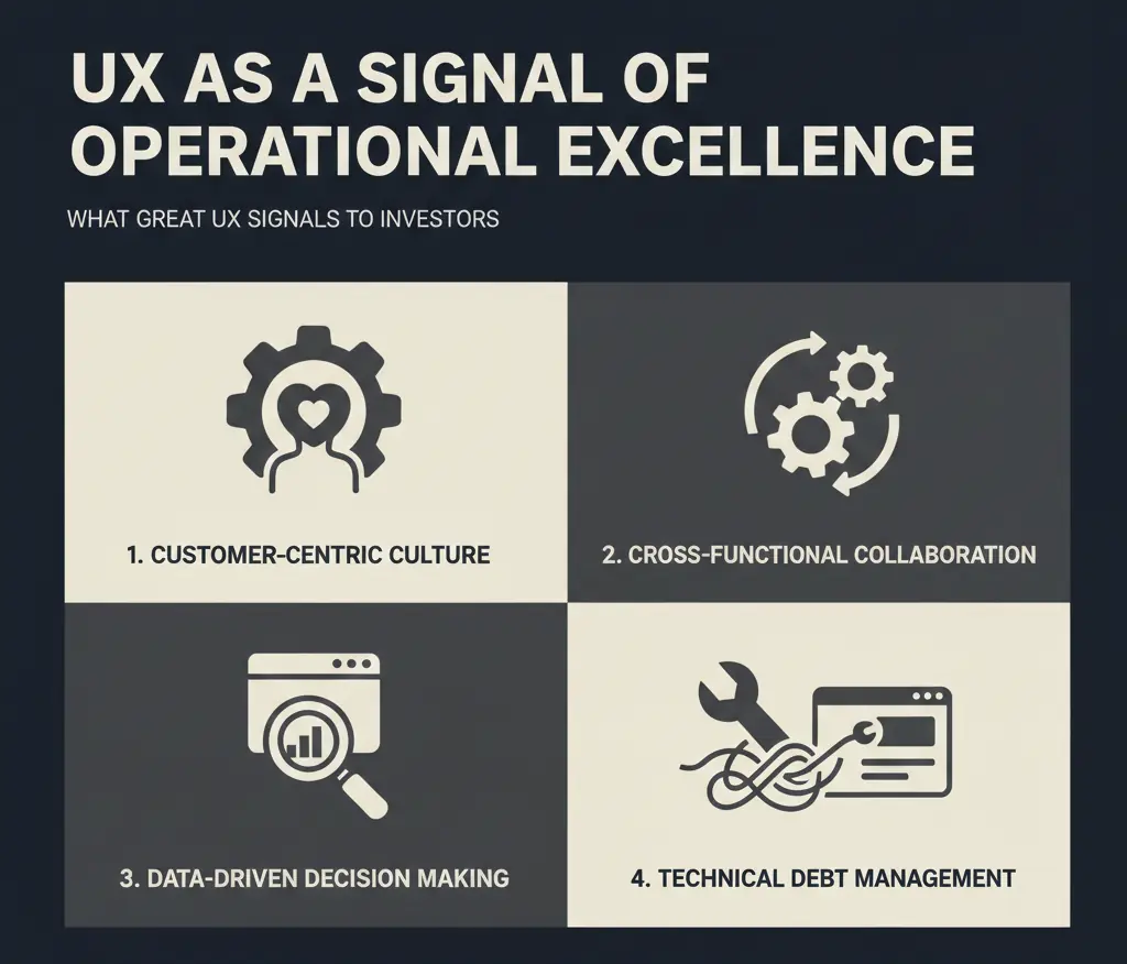 Infographic illustrating how UX design signals operational excellence to investors - customer-centric culture, cross-functional collaboration, data-driven decisions, and technical debt management