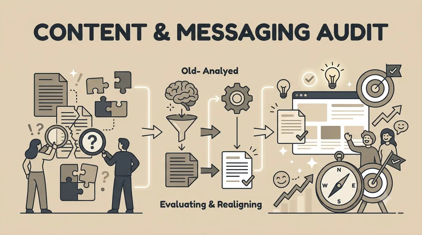 Checklist for auditing website content and messaging during a redesign, including value proposition, calls-to-action, and copy review.