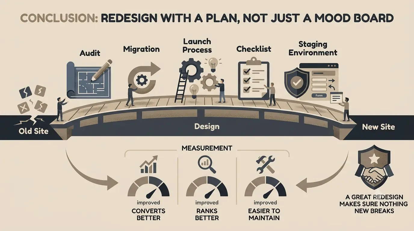 Summary graphic of the complete website redesign checklist across all seven audit categories