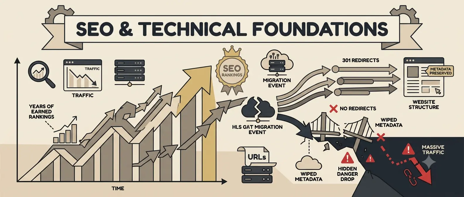 Checklist for SEO and technical migration during a website redesign, including redirects and metadata