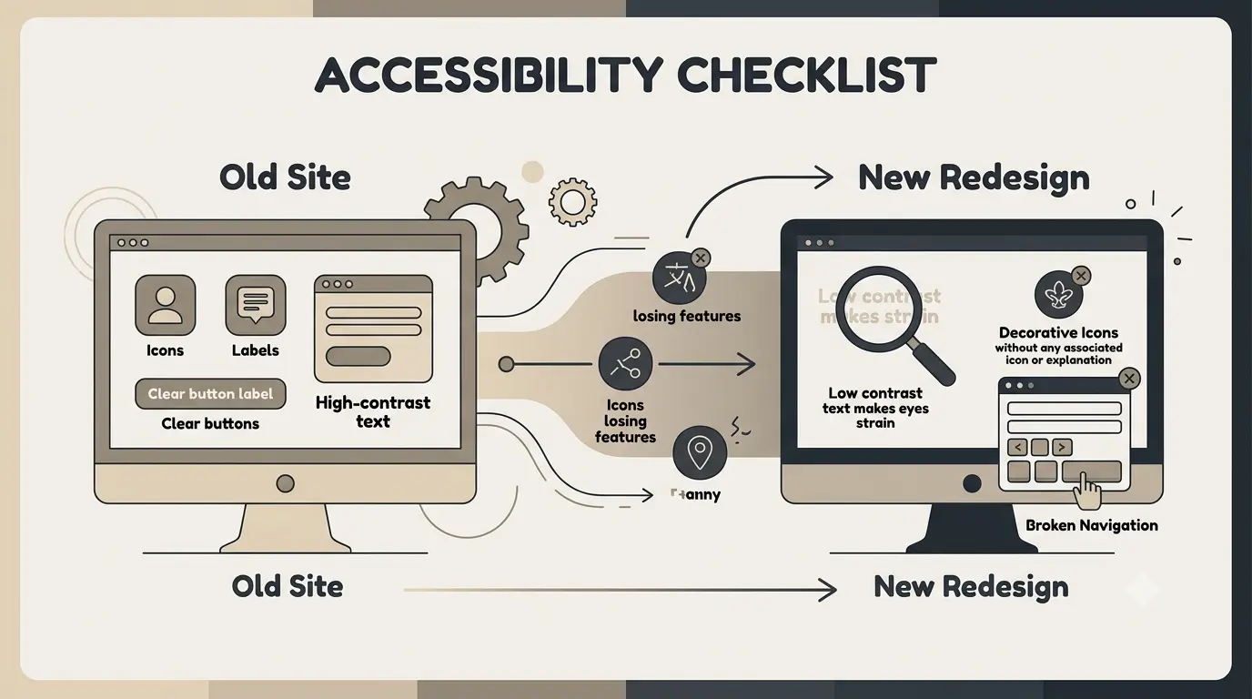 Accessibility checklist for website redesigns covering contrast, keyboard navigation, and screen readers