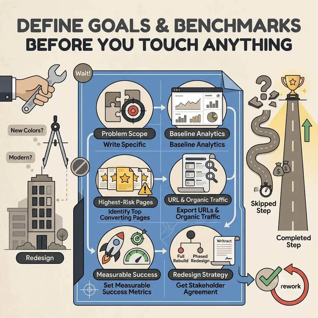 Framework diagram for setting website redesign goals and baseline benchmarks before starting a rebuild